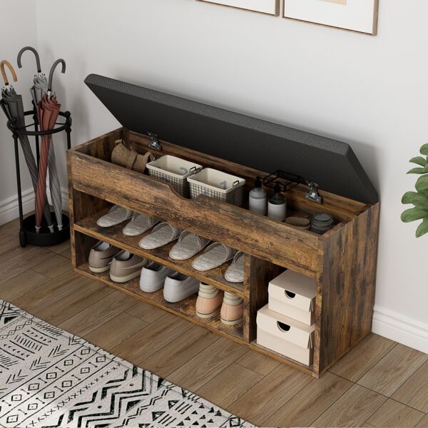 خزانة أحذية سيدار 3 طبقات مع مقعد مبطن - بني وأسود