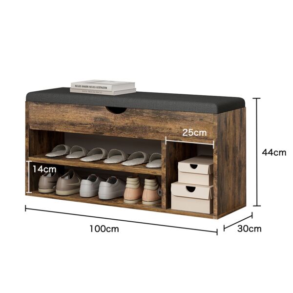 خزانة أحذية سيدار 3 طبقات مع مقعد مبطن - بني وأسود