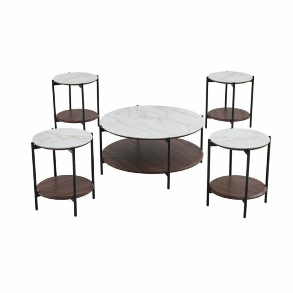 طقم طاولة قهوة سيراميك و خشب 5 قطع سيزينيا - بني
