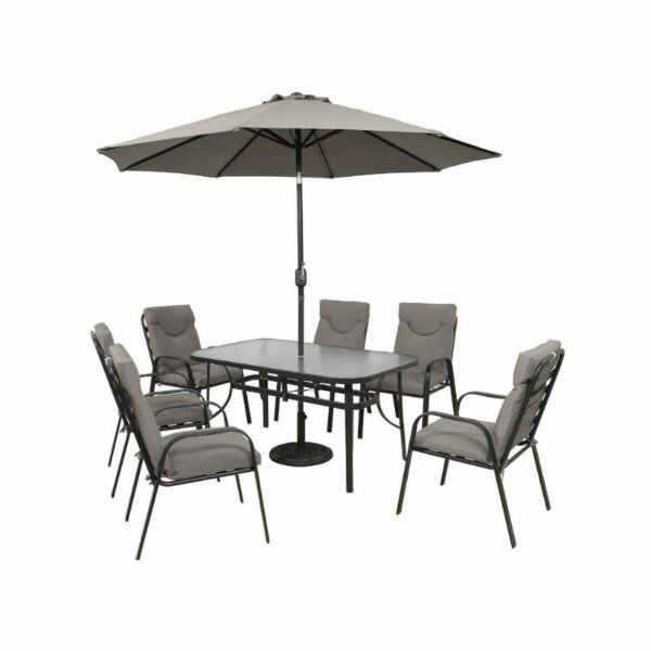 طقم طاولة طعام خارجية 6 كراسي مع مظلة صن رايز - رمادي