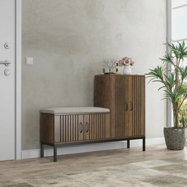 خزانة أحذية خشبي مع وسادة مقعد - بني ومتعدد الالوان