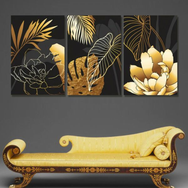 طقم لوحات جدارية فنية لتزين الجدار بتصميم عصري غولدن لوتس - ثلاث قطع