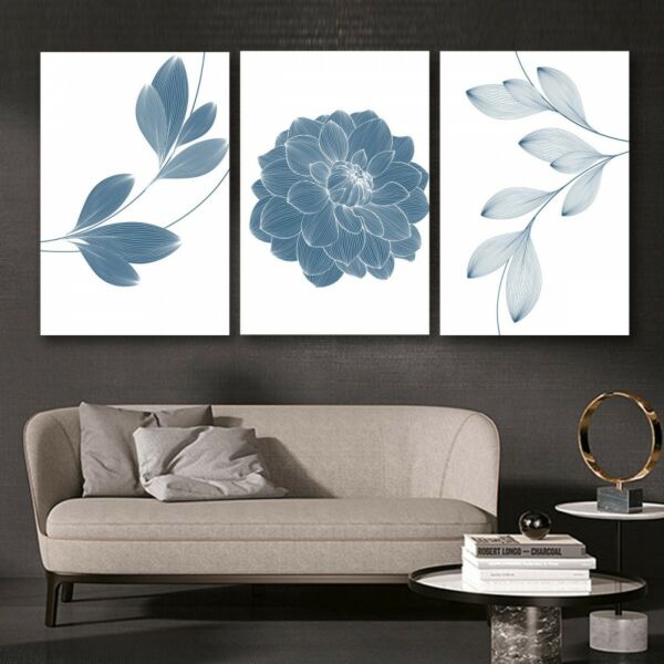 لوحة جدارية فنية بتصميم ورود زرقاء - ثلاث قطع - مقاس 120x60 سم
