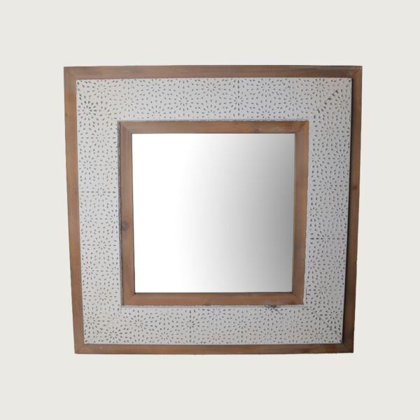 مرآة كيوبي مربعة - أبيض مع إطار خشبي