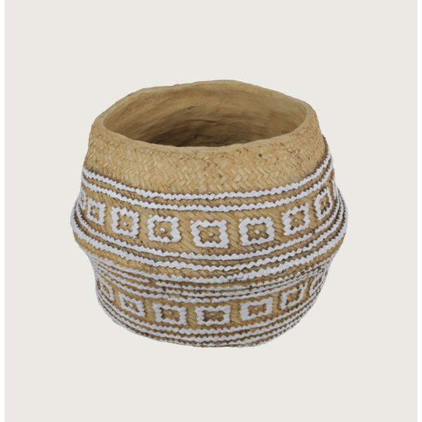 مركن زرع أورنام مزخرف من الفخار - بيج وأبيض