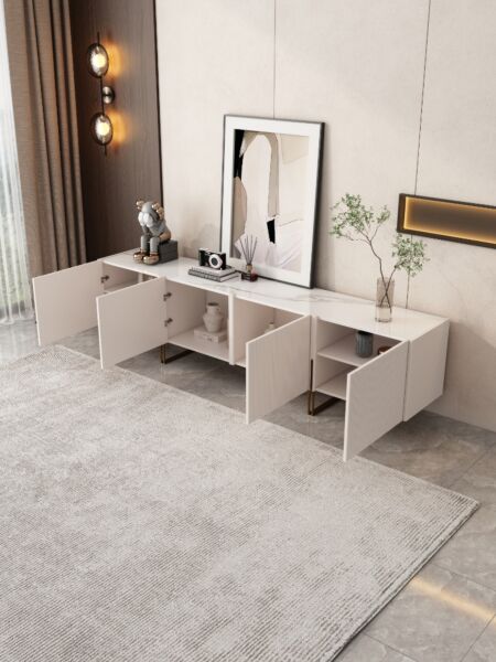 طاولة تلفزيون رخام مارجلاس - أبيض وذهبي