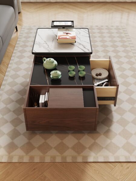 طاولة قهوة و طاولة جانبية مارغريت خشبية و سطح رخامي - بني