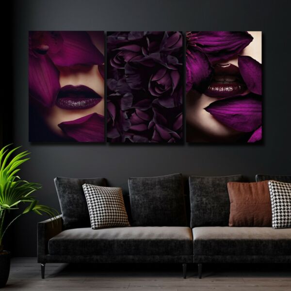 لوحة جدارية فنية بتصميم إمراة وورود - ثلاث قطع - مقاس 120x60 سم