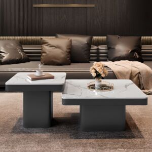 طاولة قهوة قطعتين رخام ميلانوس - رمادي غامق وابيض