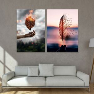 طقم لوحات جدارية خشبية ثنائية بتصميم مودرن بنقشة ريشة