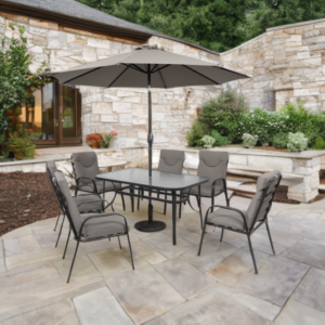 طقم طاولة طعام خارجية 6 كراسي مع مظلة صن رايز - رمادي