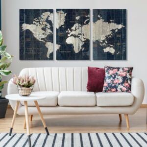 لوحة جدارية فنية بتصميم تجريدي لخريطة العالم - ثلاث قطع - مقاس 120x60 سم