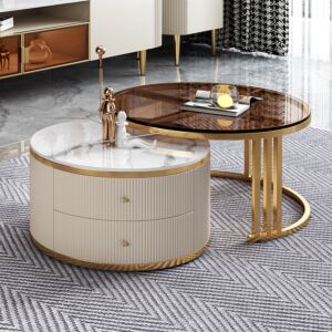 طاولة قهوة رونار خشبية و أرجل ستيل و سطح رخام و زجاج