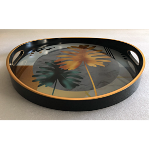 صينية تقديم كارو دائرى زجاج بإطار بلاستيك متعدد الالوان