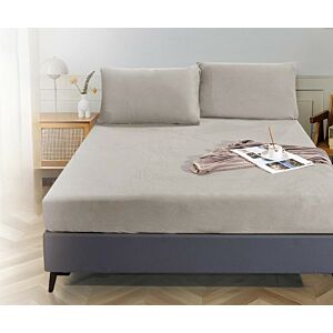 شرشف كوين مخمل ساده مطاط مع غطاء مخدة رمادي