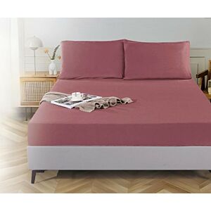 شرشف مفرد مخمل ساده مطاط مع غطاء مخدة وردي غامق