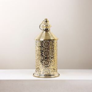 فانوس رمضان كاستيل استيل دائري مزخرف بإضاءة ليد ذهبي 