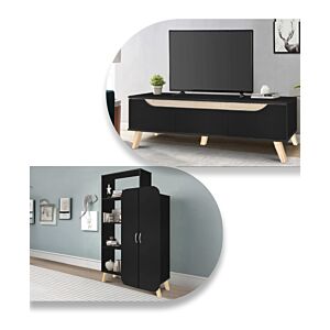 طقم طاولة تلفزيون ودولاب وحدة تخزين مع رفوف كايا - اسود
