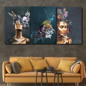 طقم لوحات جدارية فنية ورمد لتزين الحائط بتصميم إمراة ثلاث قطع-متعدد الالوان