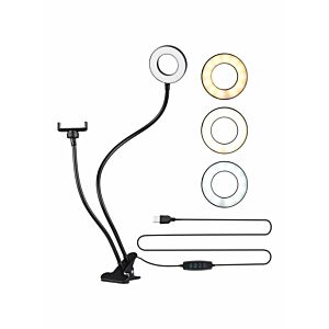 حلقة إنارة ليد مع حامل للهاتف الخلوي - أسود وأبيض