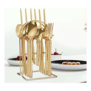 طقم أدوات مائدة من الستانلس ستيل 24 قطعة مع حامل - ذهبي