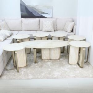 طقم طاولة قهوة وطاولات جانبية 7 قطع رانسي - بيج وذهبي