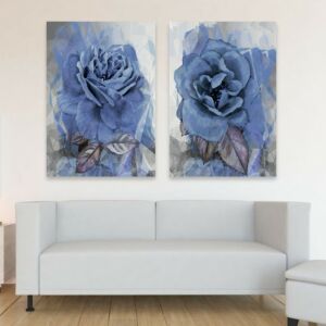 لوحة خشبية ثنائية بتصميم مودرن بنقشة وردة زرقاء -  قطعتين بمقاس 60x40 سم