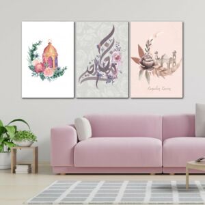لوحة جدارية فنية رسمة لتزين الحائط لشهر رمضان المبارك ثلاث قطع-متعدد الألوان