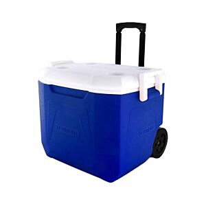 مبرد مشروبات مزود بمقبض وعجلات أزرق أبيض 