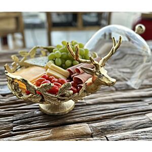 طبق تقديم بقاعدة مرتفعة وجهية مجسم غزال مقاس كبير  - لون ذهبي