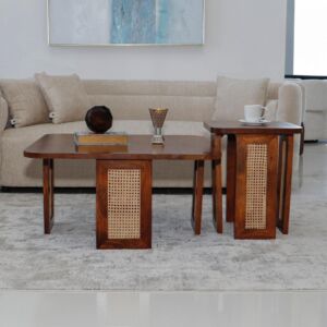 طقم طاولة قهوة وطاولات جانبية 3 قطع خشب هندي طبيعي راين - بني