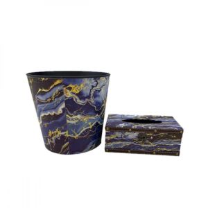 طقم قطعتين سله وعلبة مناديل - ازرق وذهبي