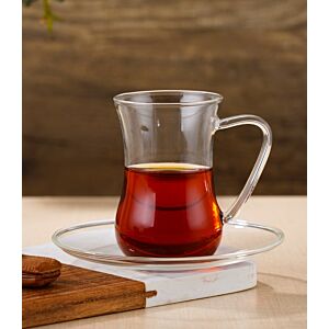 طقم كاسات شاي بيد مع صحون من زجاج البورسليكات 6 أشخاص 120 مل - شفاف