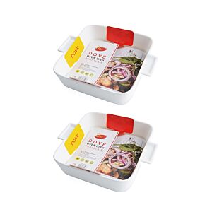 طقم أطباق فرن بورسلين مربع قطعتين بمقابض لارا - أبيض