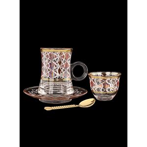 طقم أكواب شاي وقهوة - شفاف وذهبي وأحمر