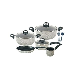 طقم أواني طهي ألمنيوم 10 قطع بغطاء زجاجي ومقبض مقاوم للحرارة - رمادي