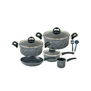 طقم أواني طهي ألمنيوم 10 قطع بغطاء زجاجي ومقبض مقاوم للحرارة - أسود