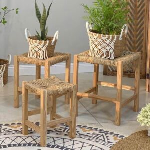 طقم 3 مقاعد خشب و خوص كاثي