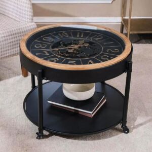 طاولة جانبية سطح ساعة حديد وخشب