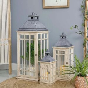 طقم فانوس 3 قطع خشب وحديد