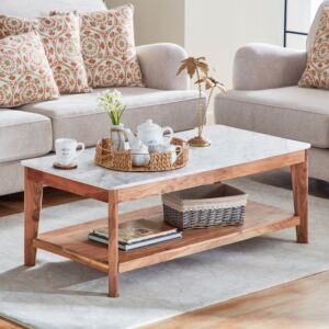 طاولة قهوة من الخشب الصلب برف وسطح رخام من ميدتاون