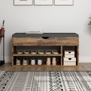 خزانة أحذية سيدار 3 طبقات مع مقعد مبطن - بني وأسود