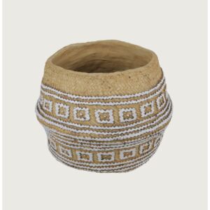 مركن زرع أورنام مزخرف من الفخار - بيج وأبيض