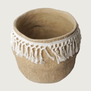 مركن زرع ديم من الفخار مع طرف قيطان - بيج وأبيض