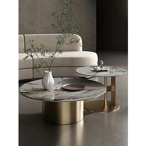 طاولة قهوة بيرالا ستيل ورخام ذهبي ورمادي - قطعتين